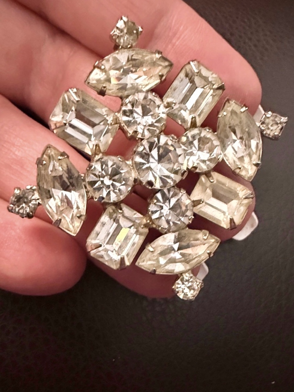 Signed Kramer 40s-50s Clear Square Brooch Chatons Navettes Emerald Cut Brooch